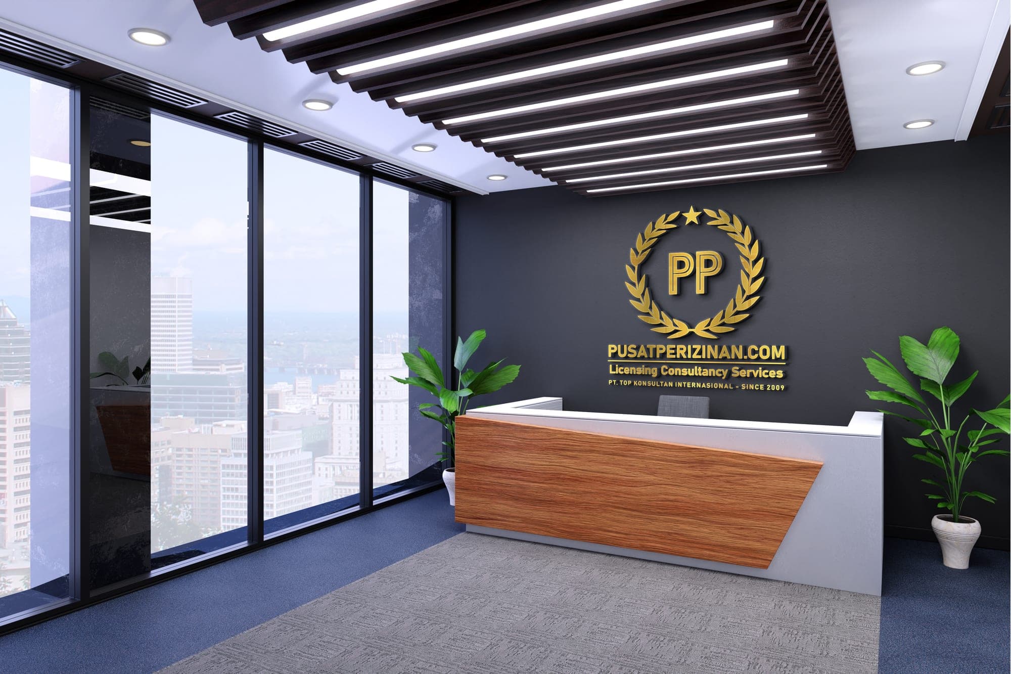 Lobi kantor cabang PusatPerizinan.com di Bandung dengan pemandangan kota