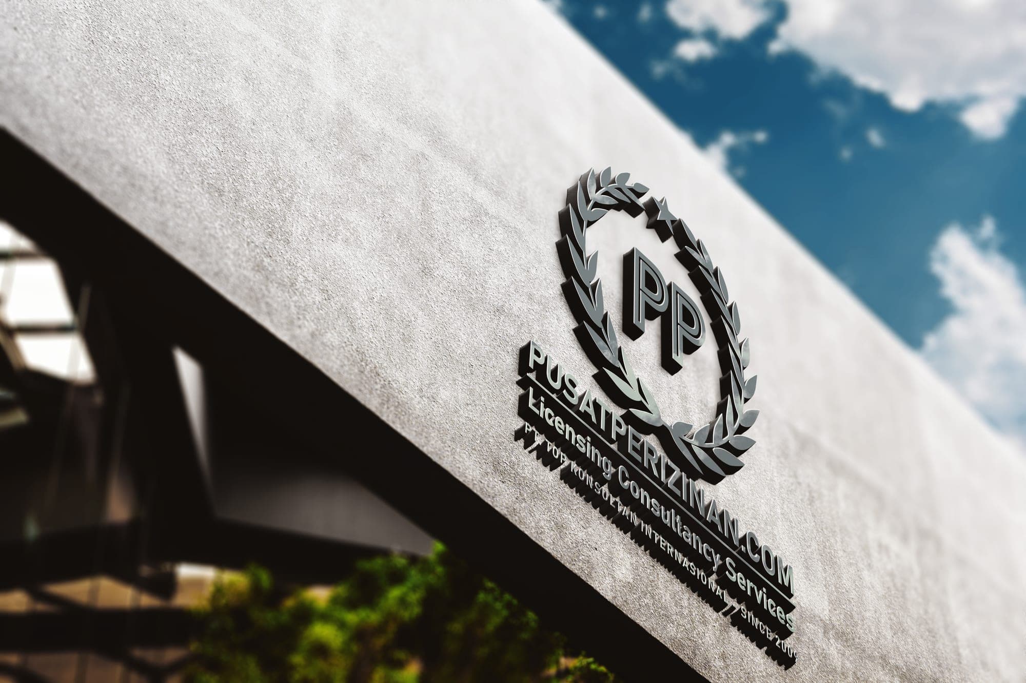 Papan nama PusatPerizinan.com pada fasade gedung kantor pusat di Jakarta