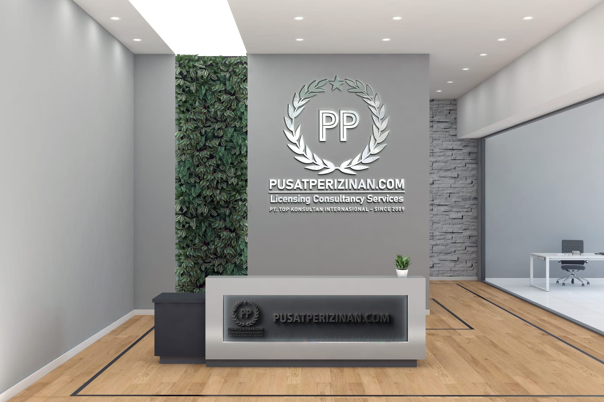 Resepsionis kantor pusat PusatPerizinan.com — meja reception, dinding tanaman hijau, dan logo PP pada branding wall